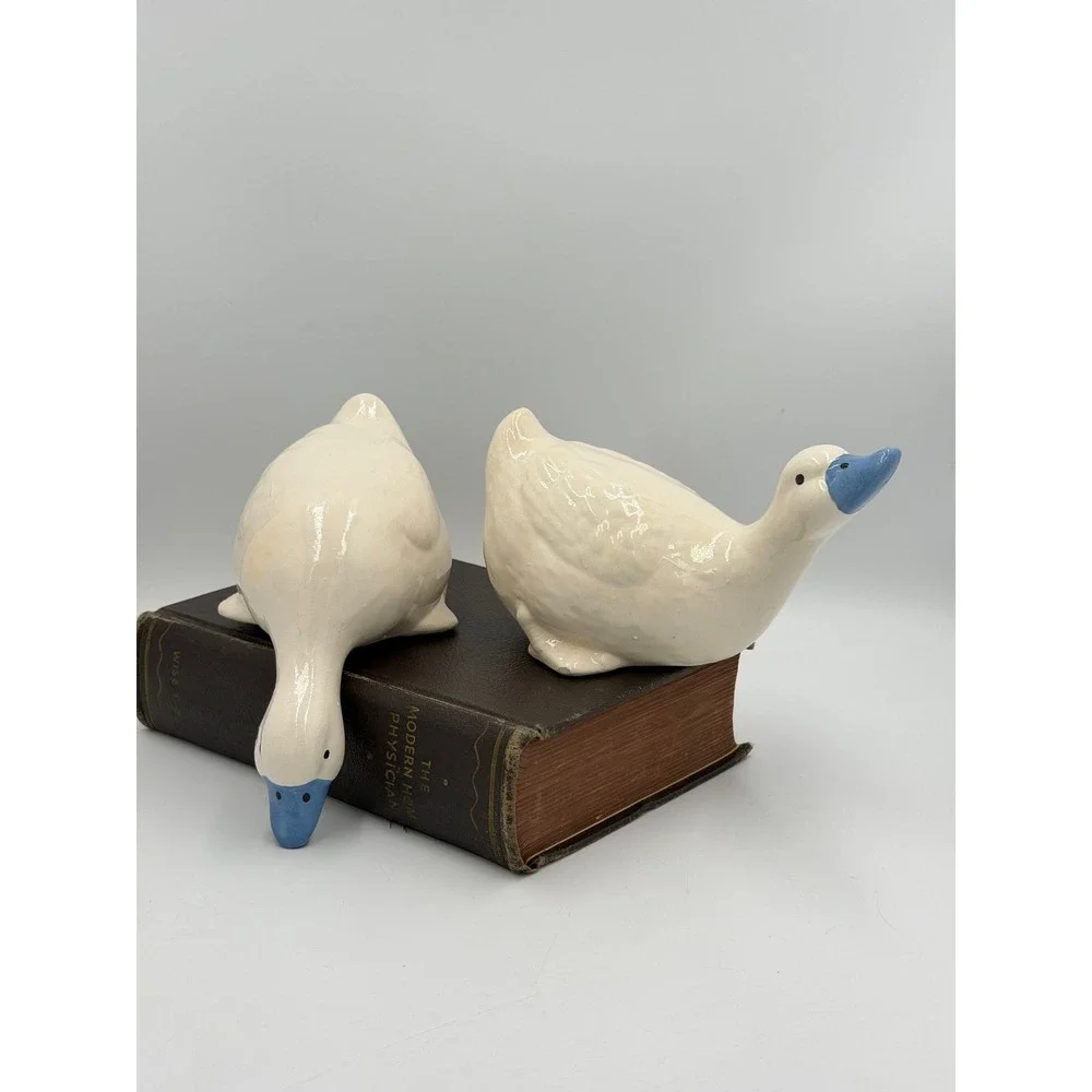 Ceramic Duck Figurines Set of 2 Cream Blue Beak Farmhouse Cottage Decor 7